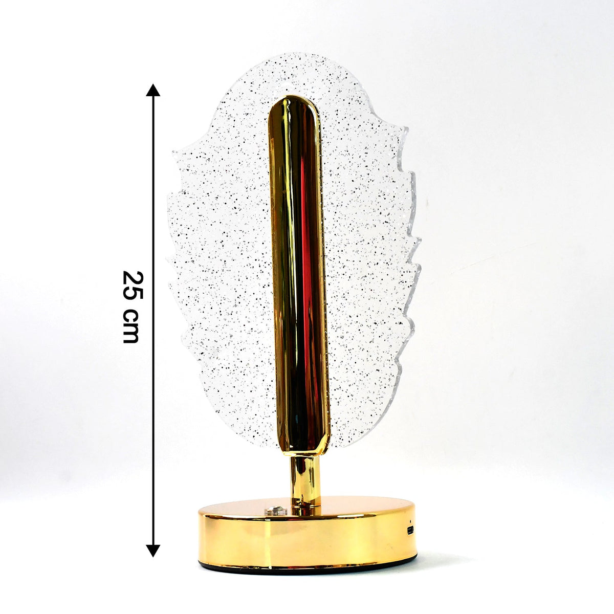 A feather-shaped crystal table lamp with a gold base on a white background, showing a 25 cm height measurement.