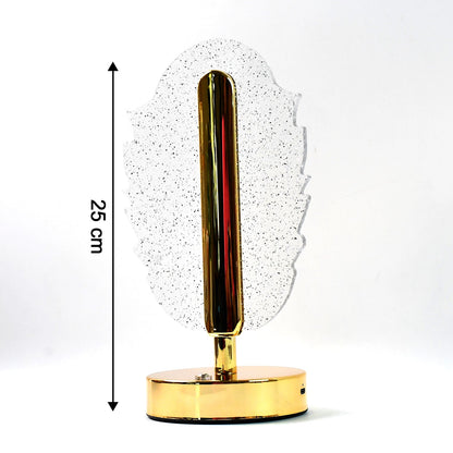 A feather-shaped crystal table lamp with a gold base on a white background, showing a 25 cm height measurement.