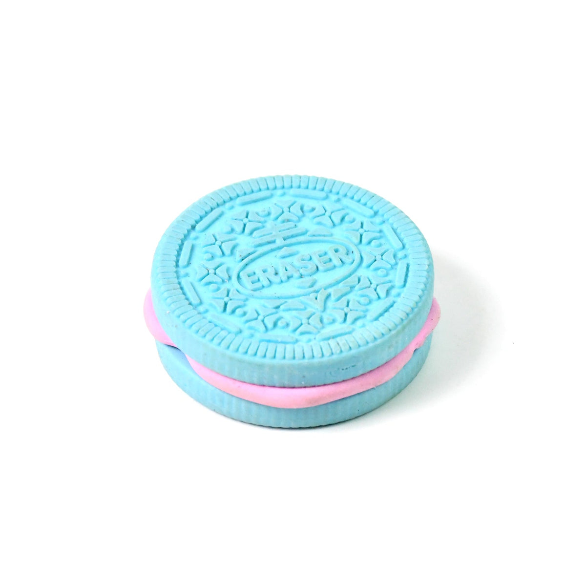 A blue and pink cookie-shaped eraser with a detailed top surface is centered on a plain white background.