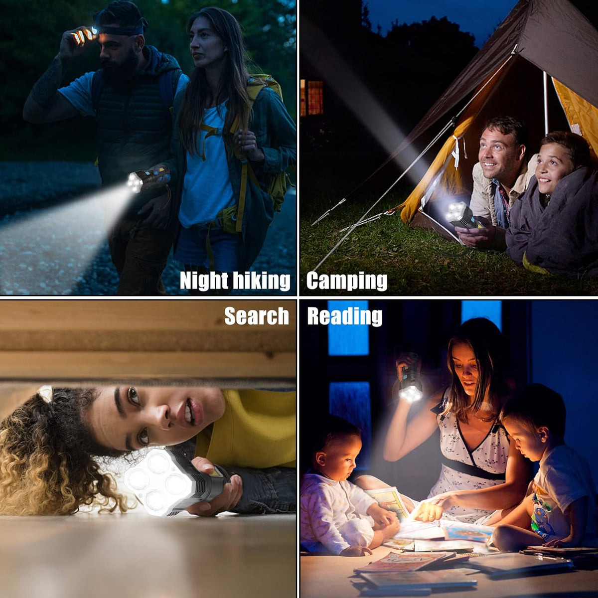 Four inset images demonstrating the flashlight's uses: night hiking, camping, searching, and reading with children.