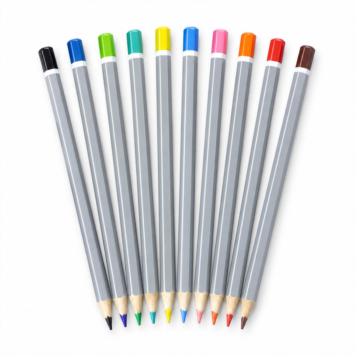 Ten gray hexagonal colored pencils with different colored tips and ends are neatly arranged in a fan shape on a white