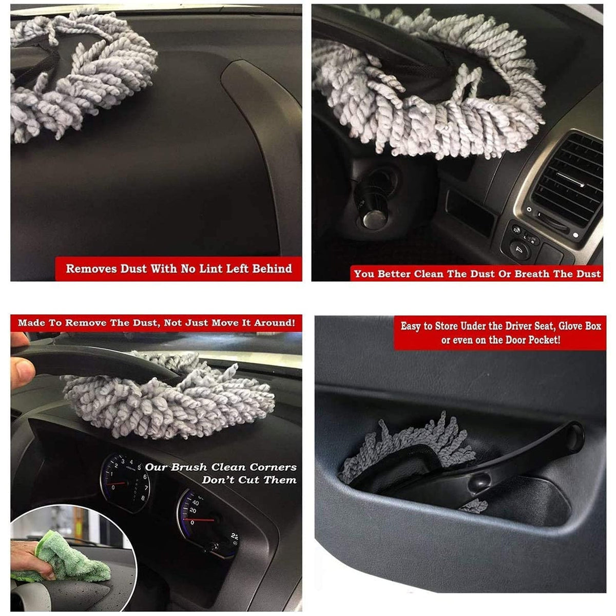 Four insets showing a gray microfiber duster cleaning a car dashboard and steering wheel, and being stored in a car door
