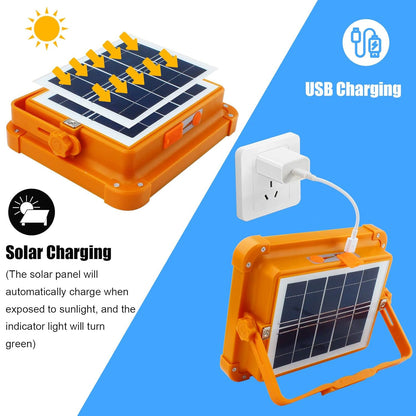 Orange and black solar LED flood light showcasing solar charging and USB charging capabilities with diagrams.