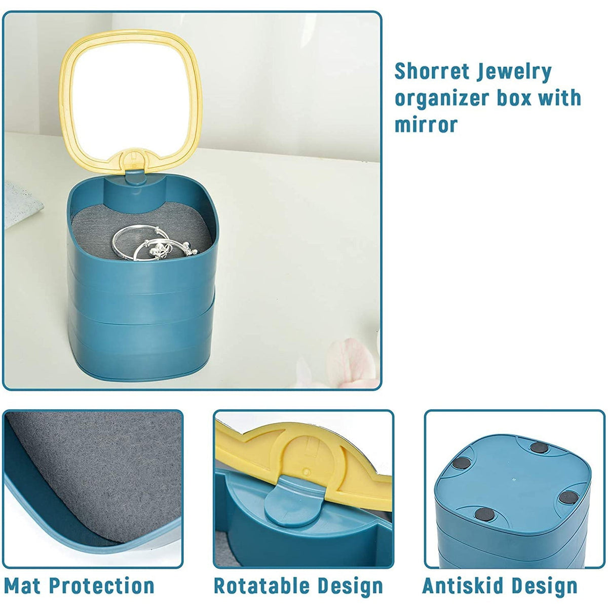 Detailed view of rotating jewellery organizer with mirror and various compartments