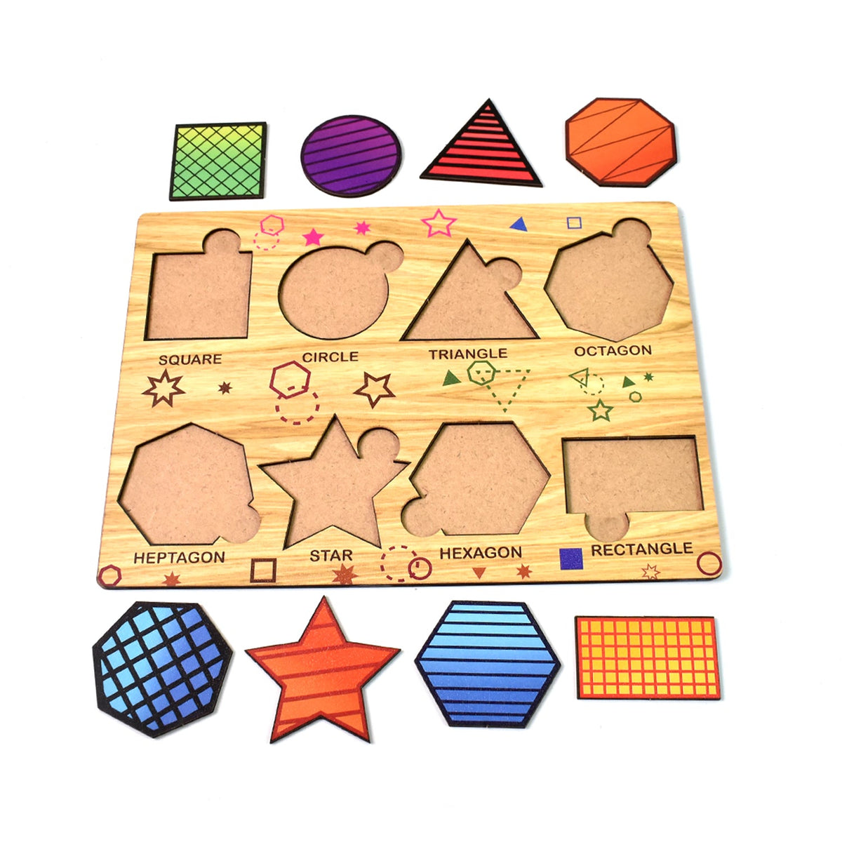 The wooden shape sorting puzzle board is empty, with all colorful geometric pieces arranged neatly below it on a white
