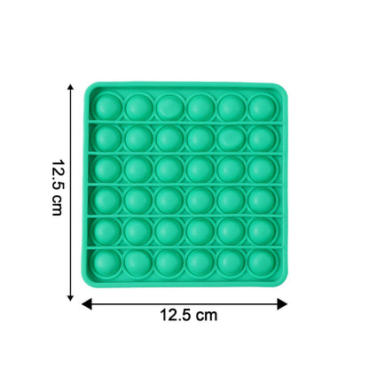 A square green silicone pop-it fidget toy with dimensions 12.5 cm by 12.5 cm indicated.