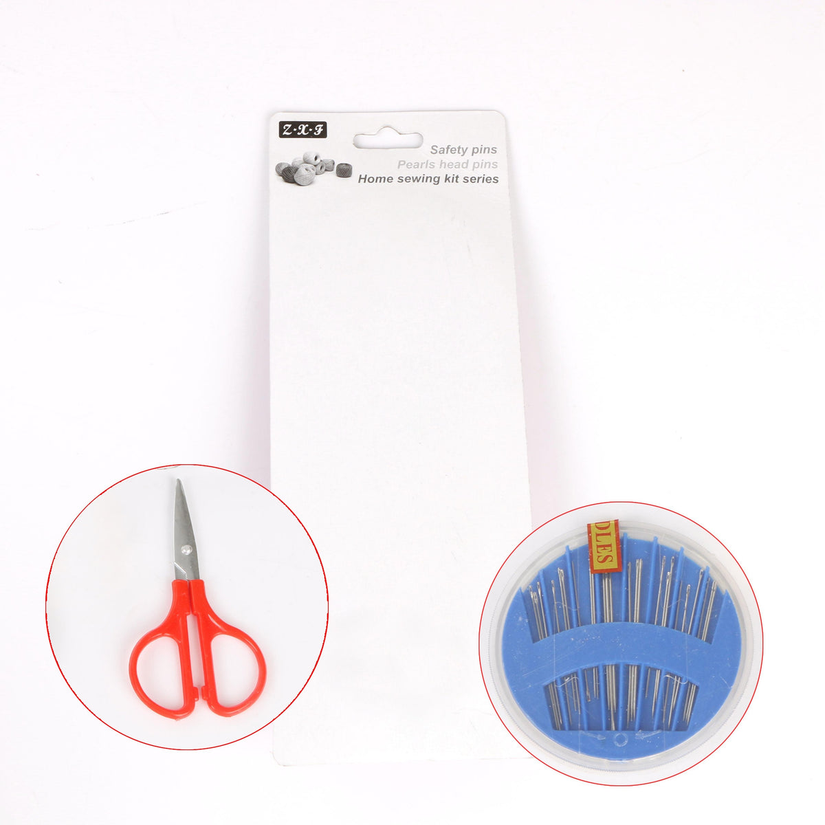 A white background with a blank sewing kit package, featuring circular insets of red scissors and a blue needle case.