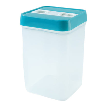 Empty clear plastic food storage container with a teal lid on a white background.