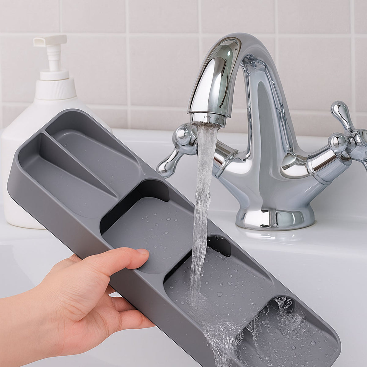A hand holds a gray plastic cutlery organizer under running water from a chrome faucet in a white sink.