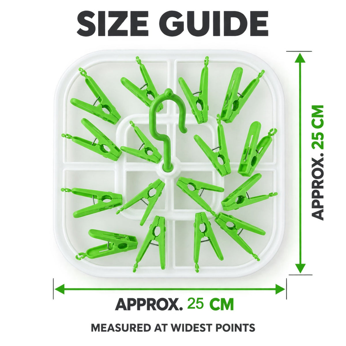 Overhead view of the white and green drying rack with dimensions indicating it is approximately 25 cm wide.