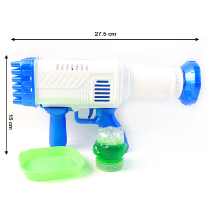 A white and blue 32-hole bubble gun with a green tray and solution, showing dimensions of 27.5 cm and 15 cm.
