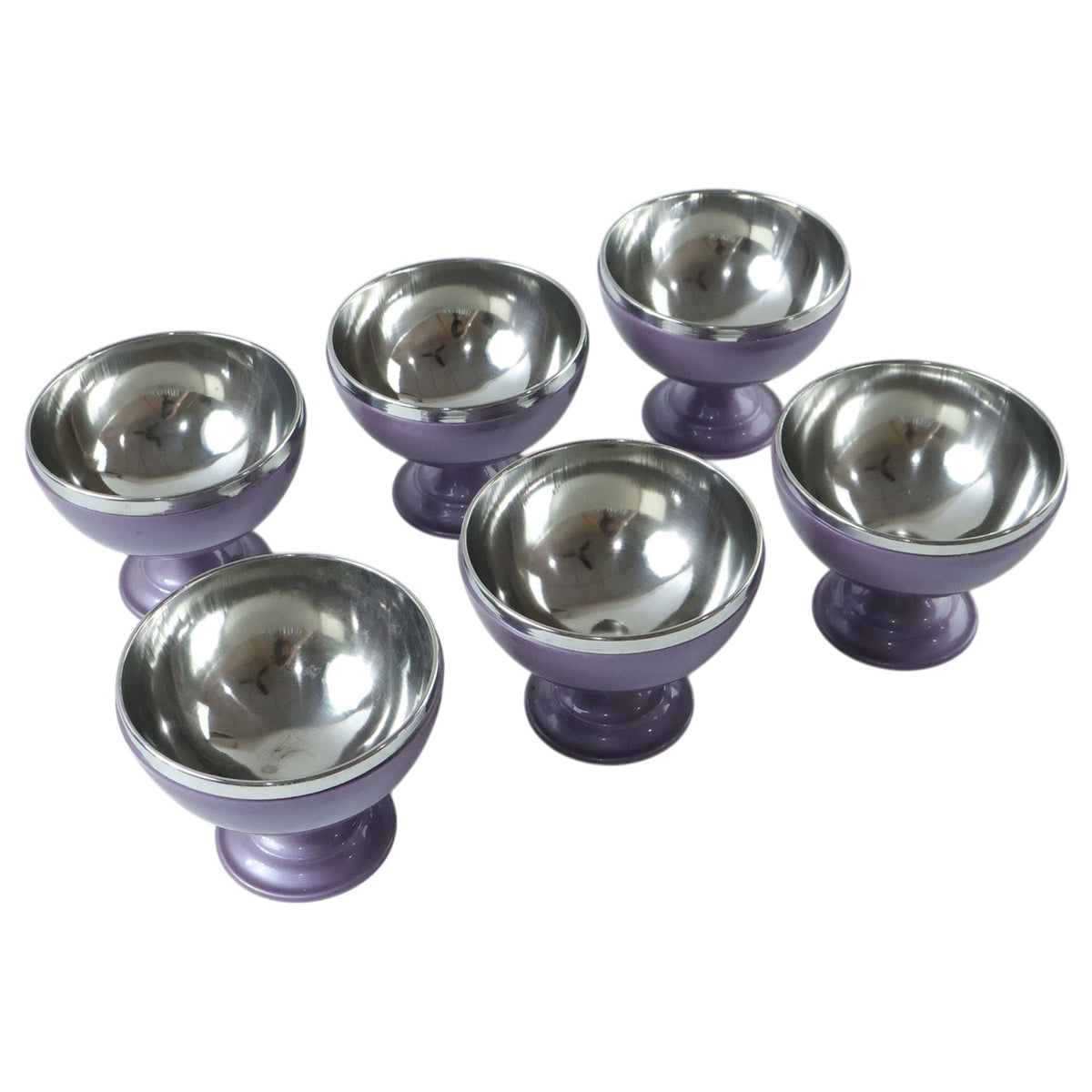 Six purple and silver dessert bowls are arranged in two rows on a plain white background.