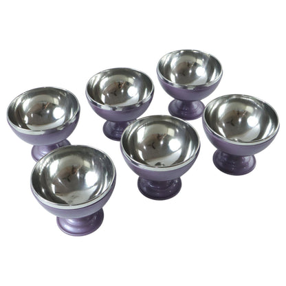 Six purple and silver dessert bowls are arranged in two rows on a plain white background.