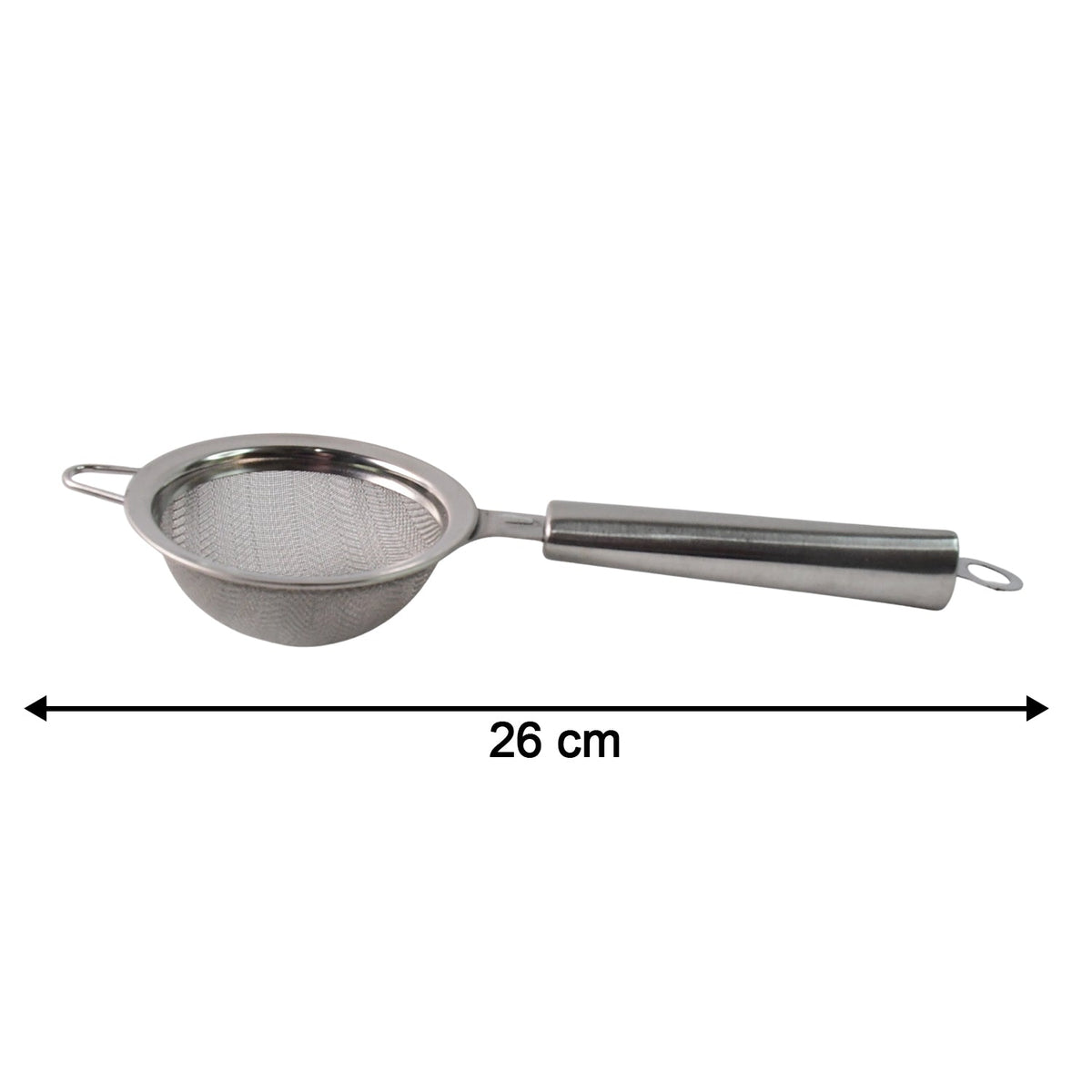 A stainless steel fine mesh strainer is shown on a white background with a measurement of 26 cm indicated by arrows below it.
