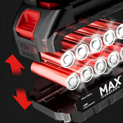 Close-up of the black and red battery pack, showing an internal diagram of red cylindrical lithium batteries with lightning