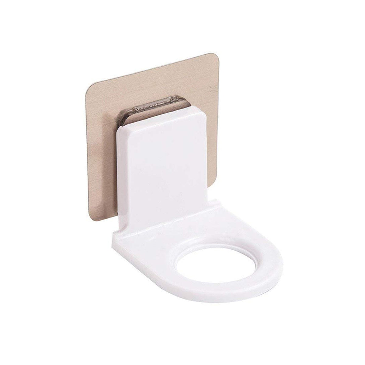 A white plastic wall-mounted bottle holder with a metallic adhesive backing shown from a slight angle.