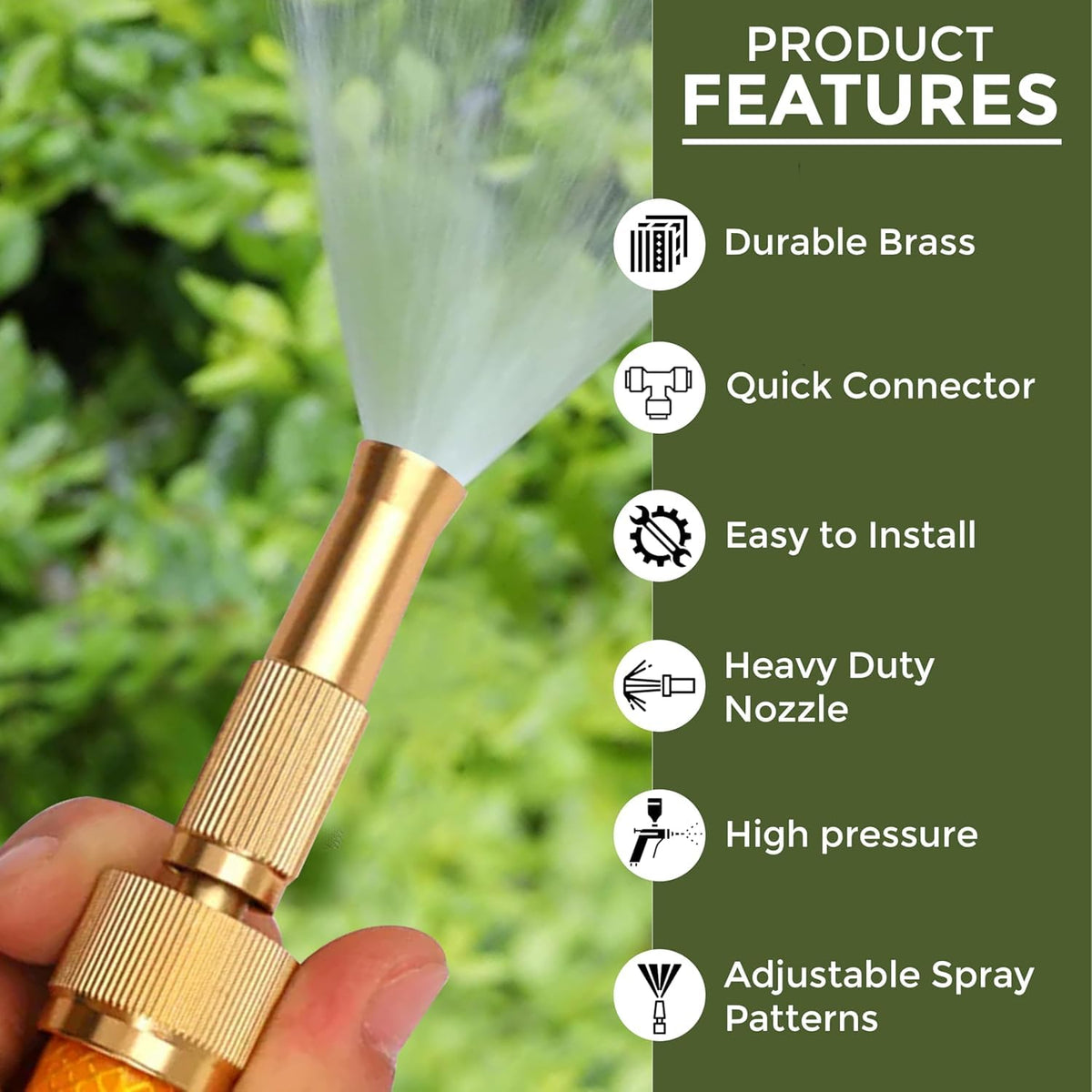 A close-up of a brass hose nozzle spraying water, with a list of product features like "Durable Brass" and "Adjustable Spray