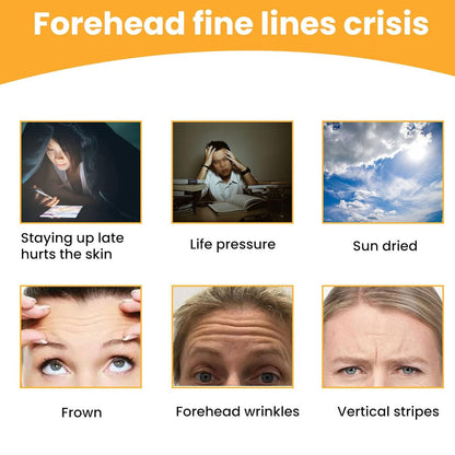 A grid of six images illustrating causes and types of forehead wrinkles like sun exposure and frown lines.