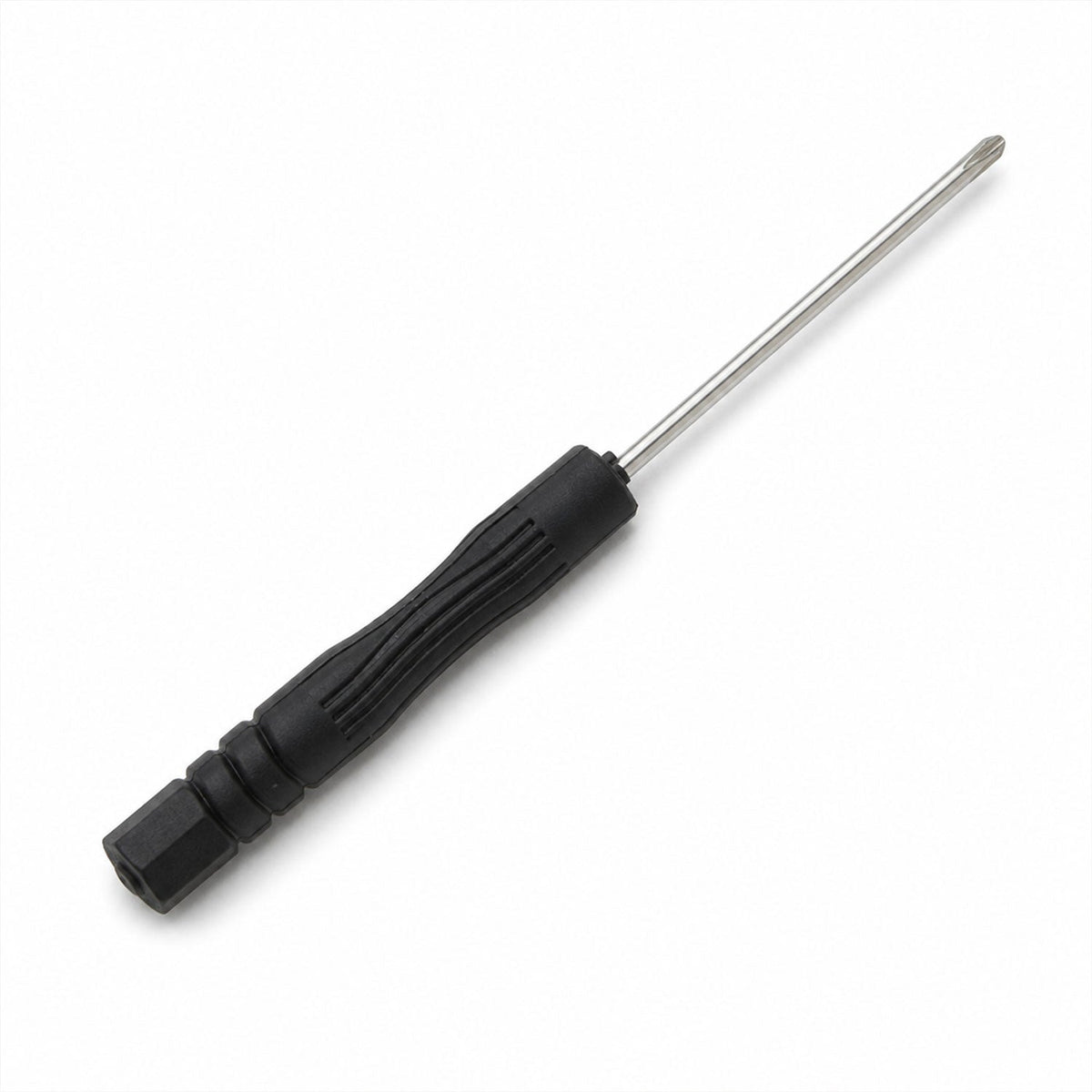 A black and silver mini screwdriver with a textured grip is displayed on a white background.