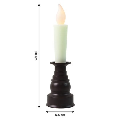 A cream LED candle with a flickering flame in a dark bronze holder, with dimensions of 20cm and 5.5cm.
