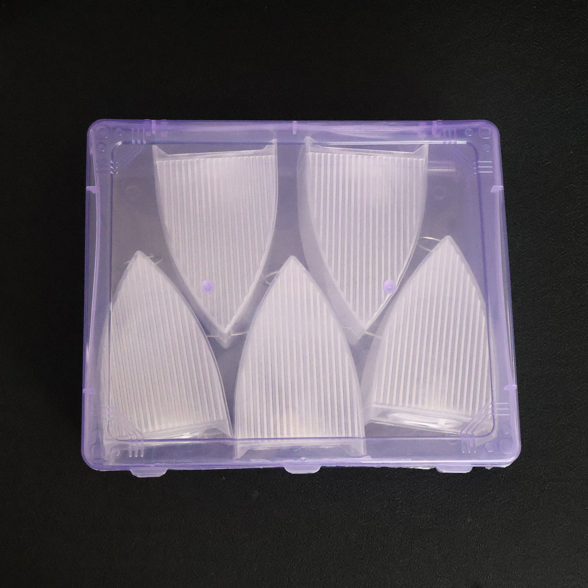 Five clear plastic ribbed lantern shells neatly arranged in a rectangular purple plastic tray.