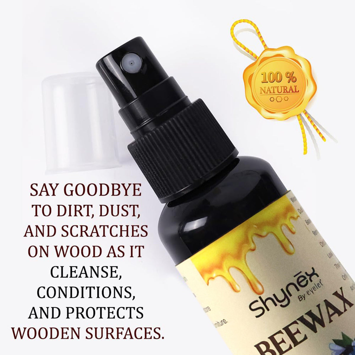 A close-up of the Shynex Beeswax spray bottle, with text highlighting its cleaning and protection benefits for wood.