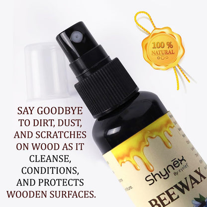 A close-up of the Shynex Beeswax spray bottle, with text highlighting its cleaning and protection benefits for wood.