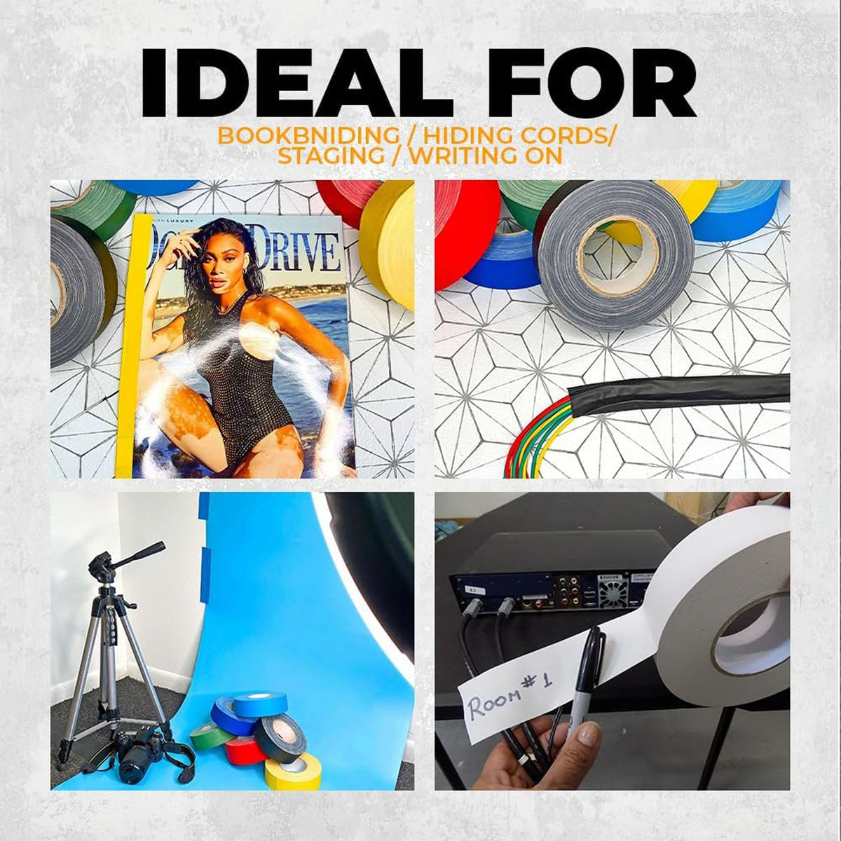 A collage of images showing tape used for bookbinding, hiding cords, and in a studio setting.