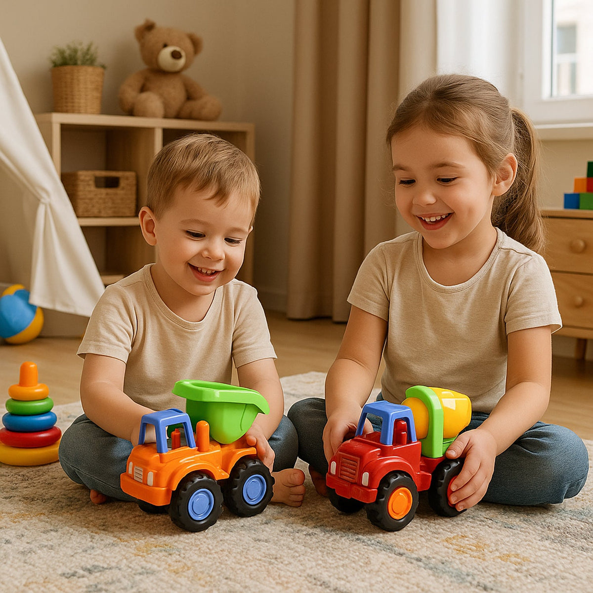 A boy and a girl smiling while playing with orange and red plastic construction vehicle toys on a rug.