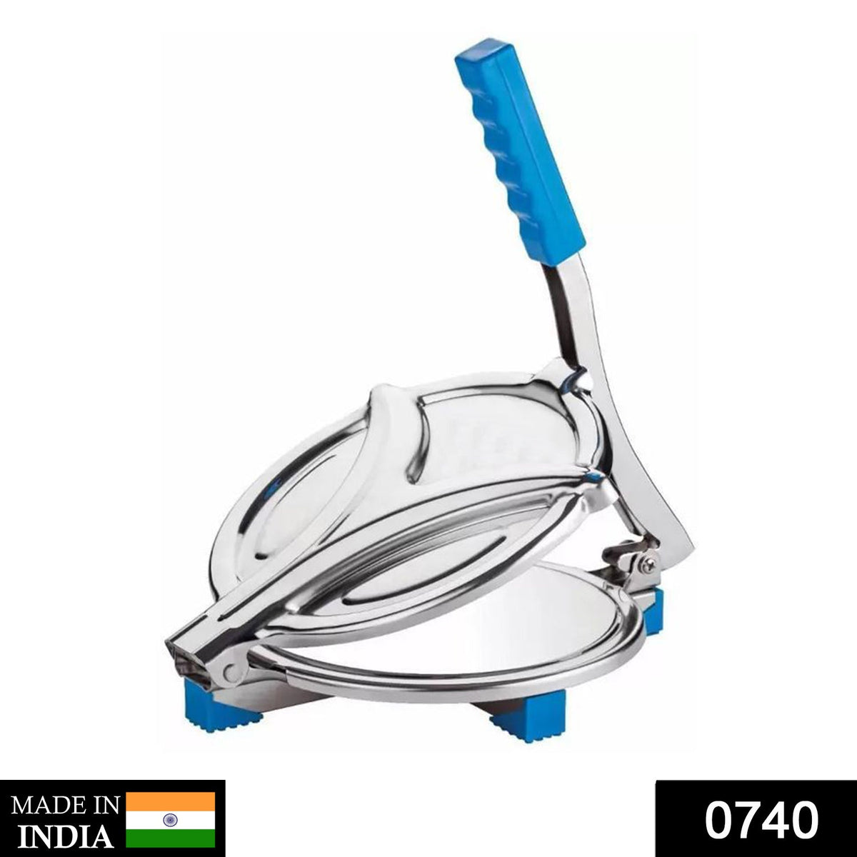 A stainless steel puri press with a blue handle and feet is shown at an angle on a white background.