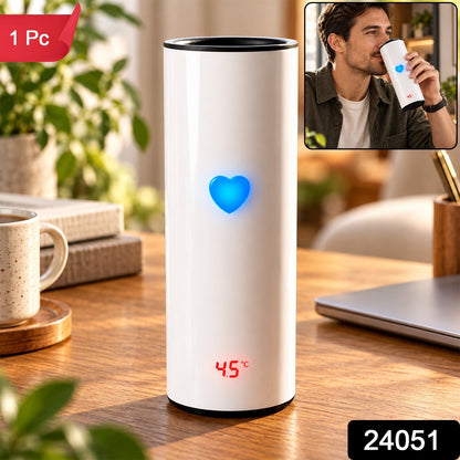 A white thermal tumbler displaying a blue heart and 45 degrees Celsius, with a man drinking from a similar cup inset.