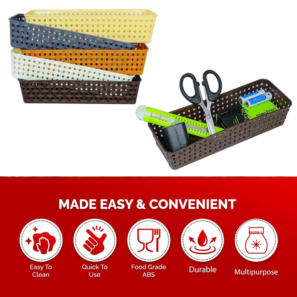 A brown basket with office supplies and a stack of colorful baskets, with five red icon descriptions below.