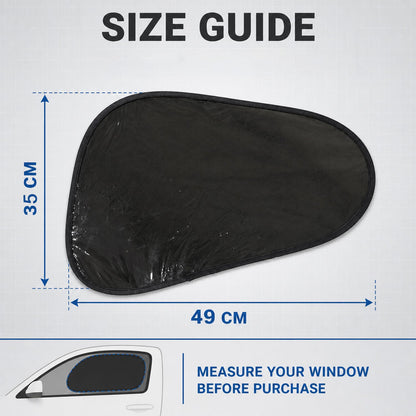 Black mesh sun shade with dimensions of 35 cm by 49 cm, and an illustration for measuring car windows.