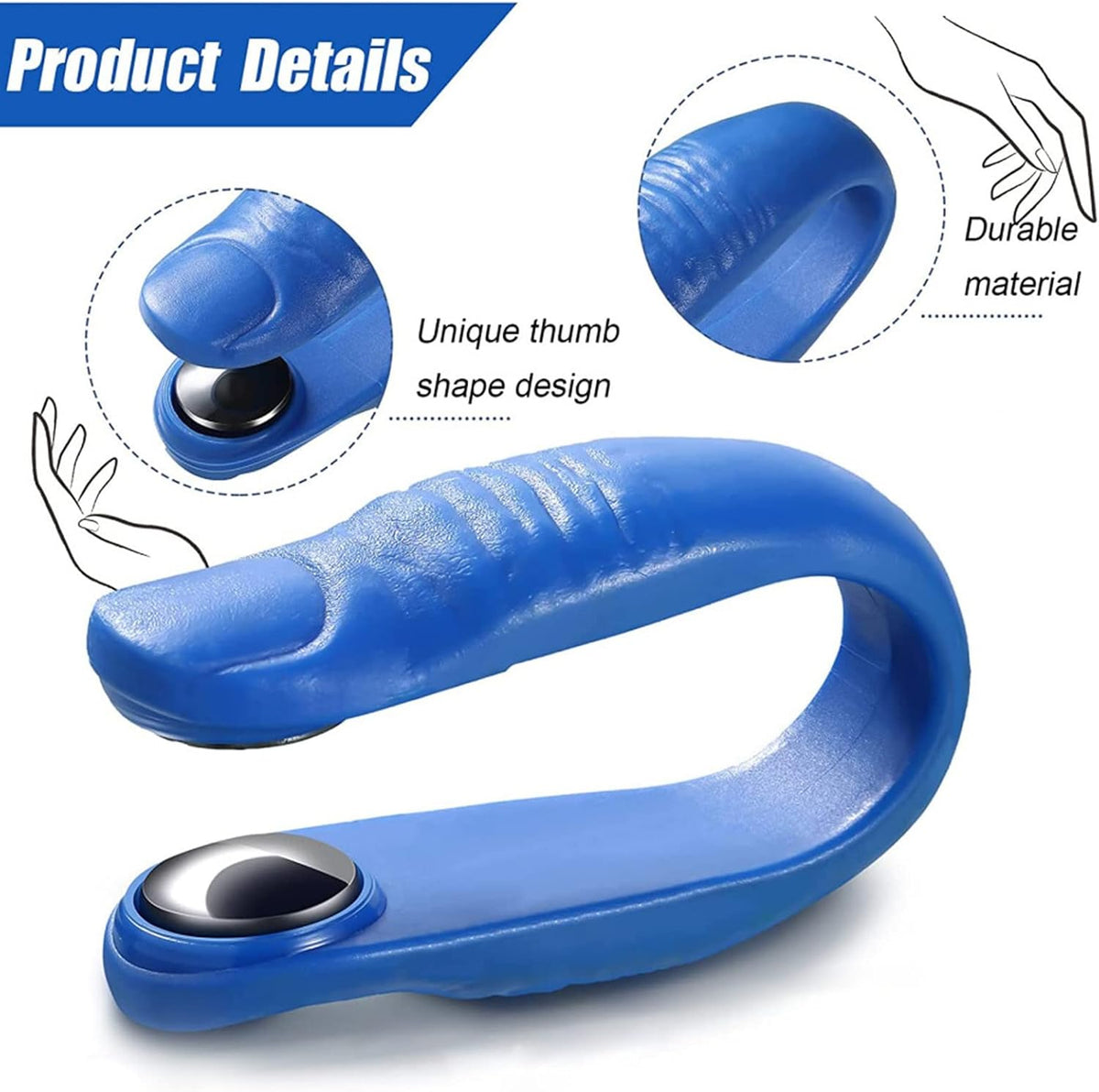 Detailed views of the blue acupressure hand clip, highlighting its thumb shape and durable material.