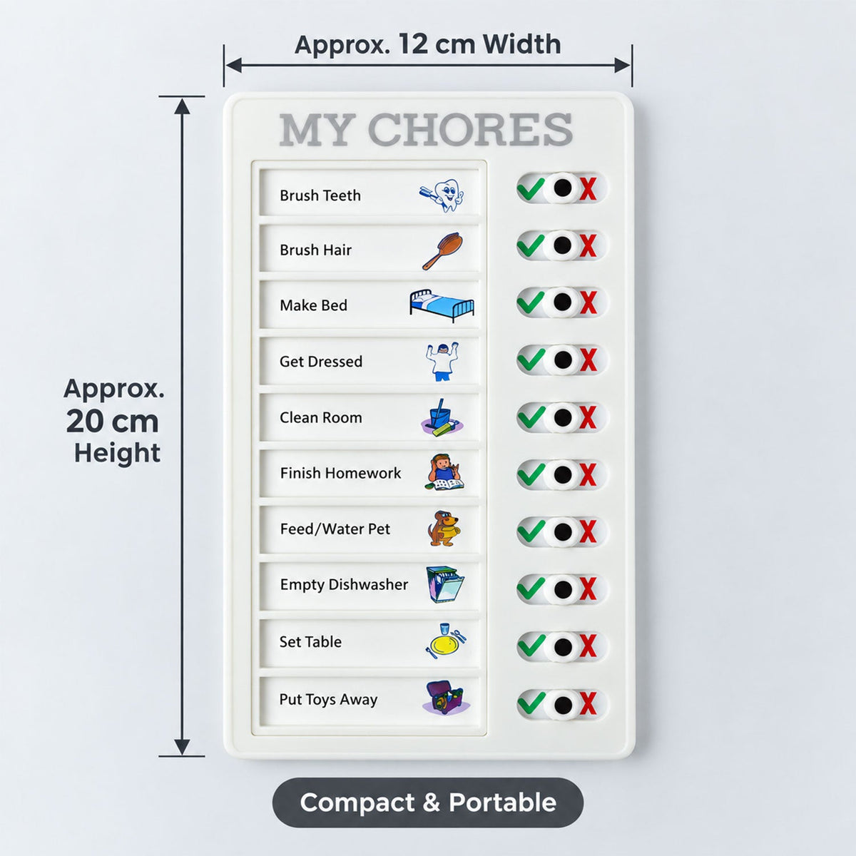 A white chore board with dimensions indicating approximately 12 cm width and 20 cm height, labeled as compact and portable.