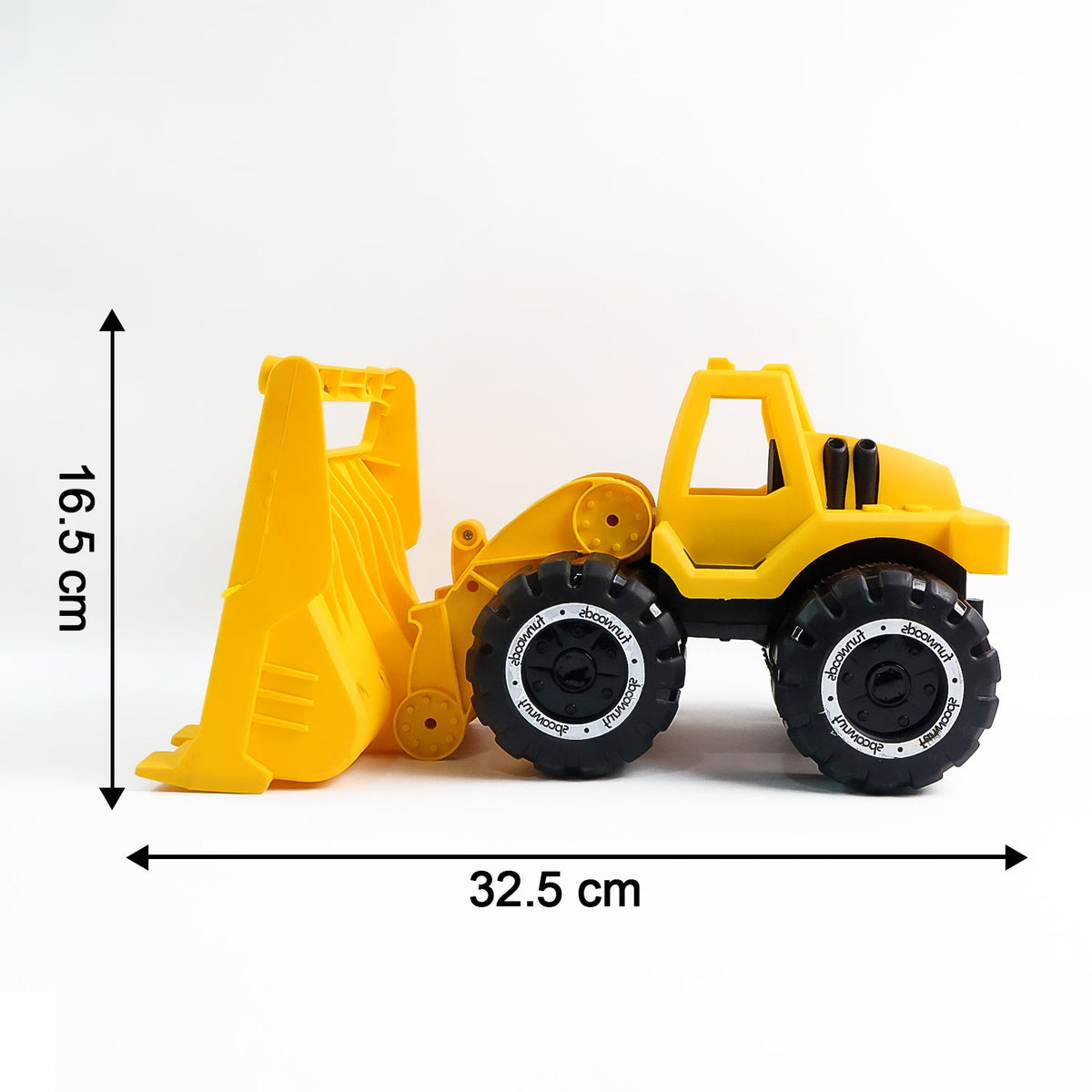 A yellow toy front-end loader on a white background with dimensions indicating it is 32.5 cm long and 16.5 cm high.