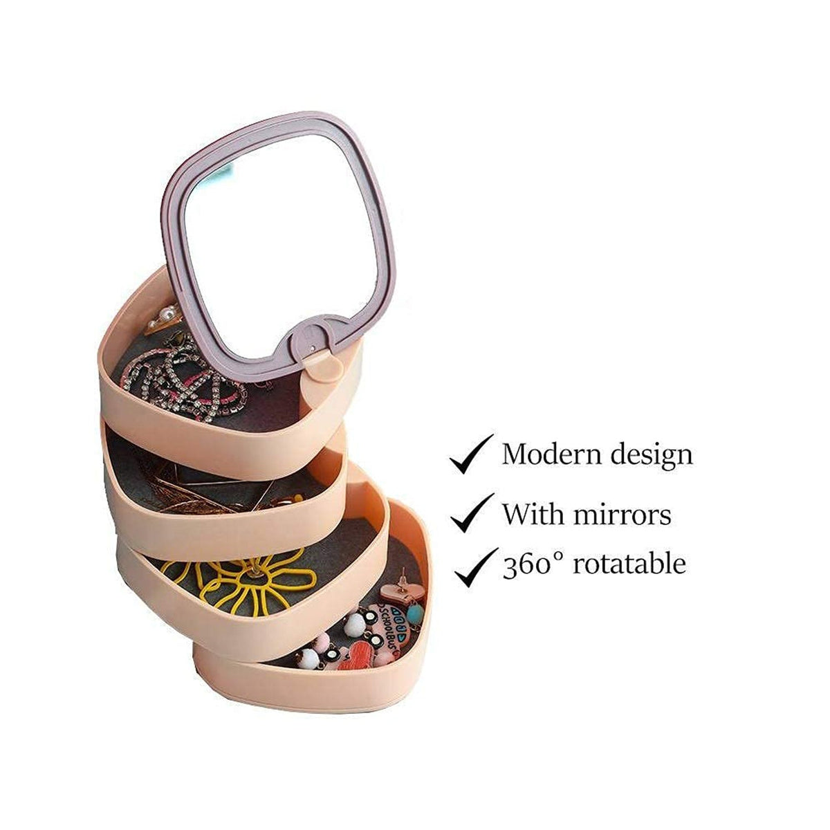 Rotating jewellery box with open layers revealing specialized earring storage slots