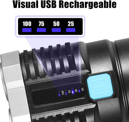 Close-up of the flashlight's side, showing a blue button and a visual battery indicator with 100, 75, 50, and 25 percent