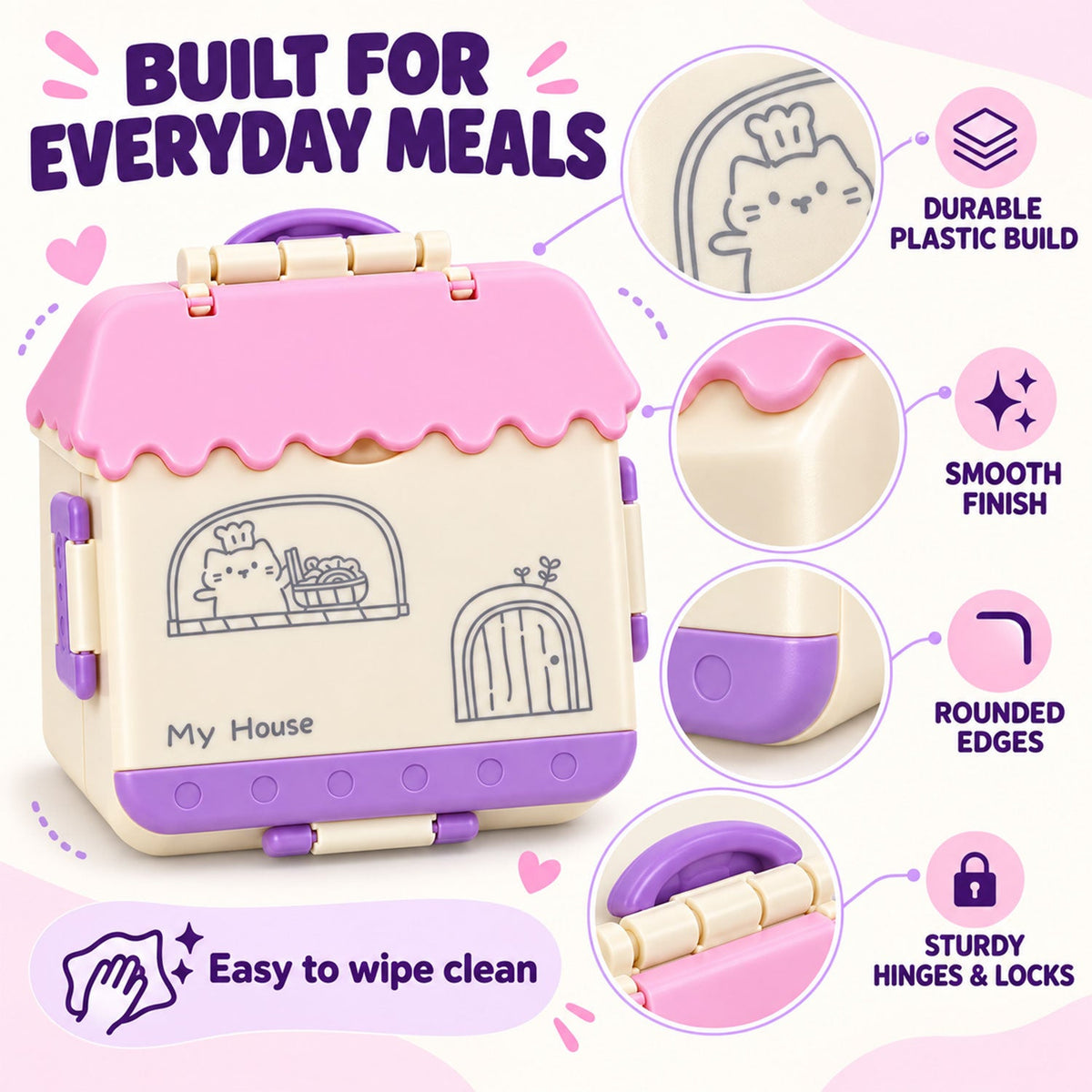 A house-shaped lunch box with callouts emphasizing its durable plastic build, smooth finish, rounded edges, sturdy hinges,