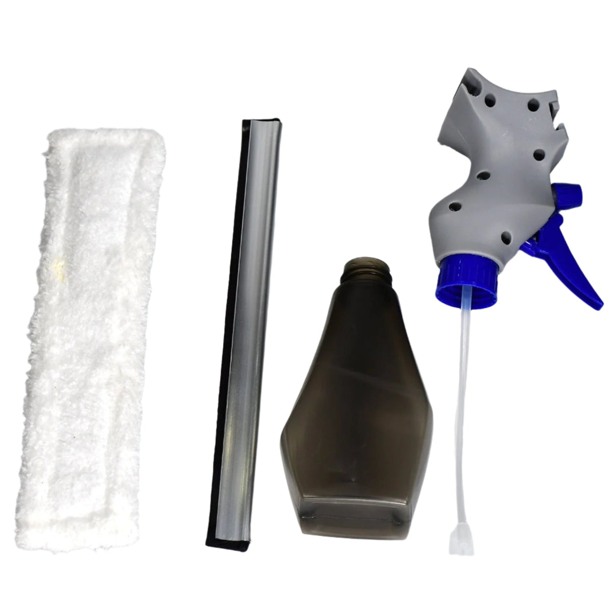The disassembled parts of the cleaning tool: a white microfiber pad, a squeegee, a bottle, and a spray head.