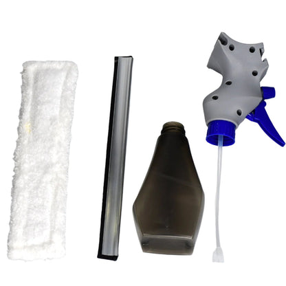 The disassembled parts of the cleaning tool: a white microfiber pad, a squeegee, a bottle, and a spray head.