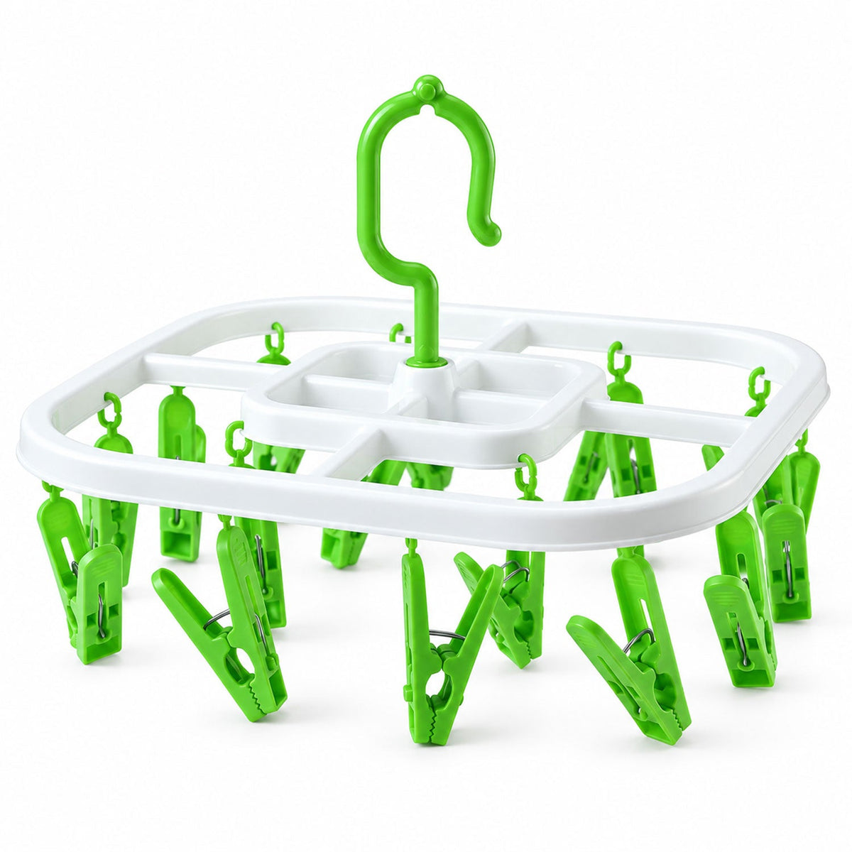 A white square drying rack with green plastic clips and a green hook on a plain white background.