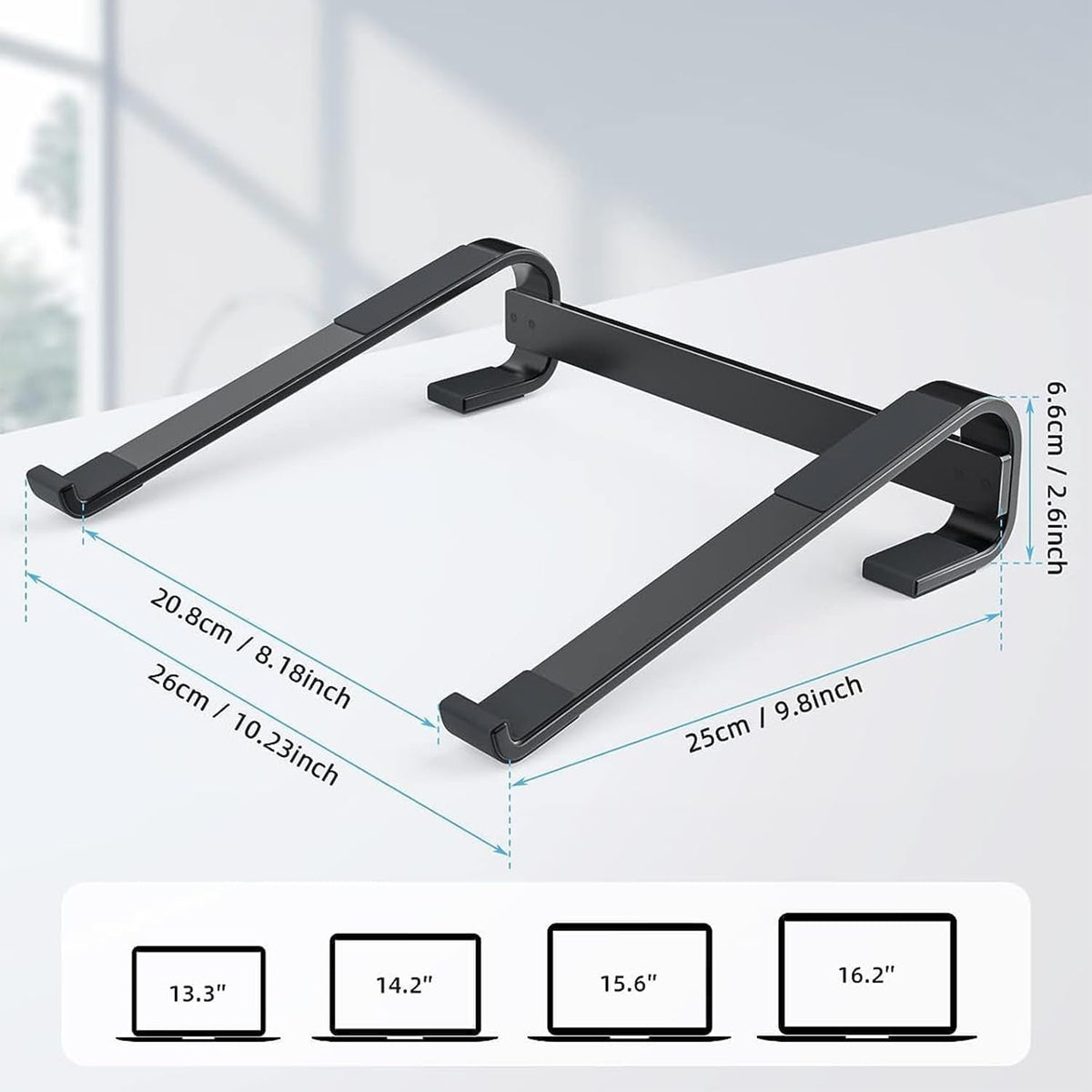 The black metal laptop stand is shown with dimensions and compatible laptop sizes.