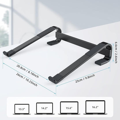 The black metal laptop stand is shown with dimensions and compatible laptop sizes.