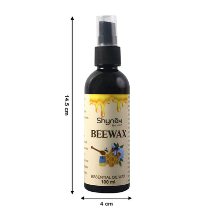 A black 100ml spray bottle of Shynex Beeswax essential oil wax with dimensions of 14.5 cm height and 4 cm width.