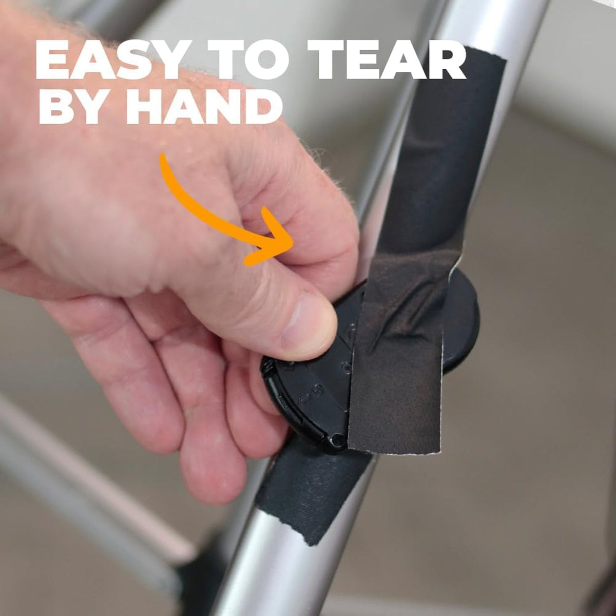 A hand tearing black tape from a metal bar, with text indicating it's easy to tear by hand.