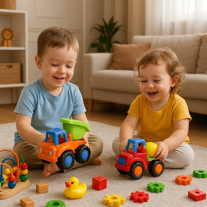 Two toddlers playing on a rug with colorful plastic construction vehicle toys and other small toys.