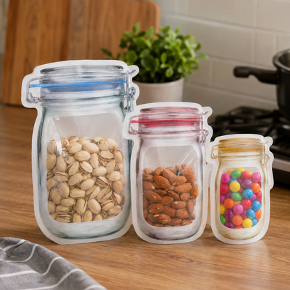 Three jar-shaped stand-up pouches, filled with pistachios, almonds, and colorful candies, on a wooden counter.