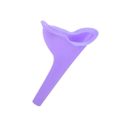 A light purple silicone female urination funnel is angled on a plain white background.