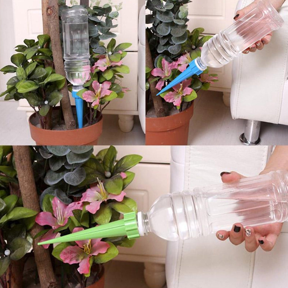 A four-panel image showing blue and green watering spikes inserted into potted plants with clear bottles.